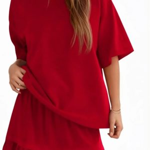 Yousify Women's 2 Piece Skirt Set Summer Vacation Outfits Short Sleeve Crewneck Top & Casual Mini Skirt for Easy Styling,summeroutfits,vacationoutfits,bathingsuitwomenset,beachoutfits